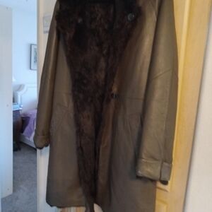 Vintage Womens olive green leather coat, reversible to brown rabbit genuine fur.